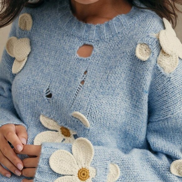 Blue Casual Women's Hand Crochet 3d Floral Decor Soft Round Neck Knitted Sweater - Picture 2 of 8